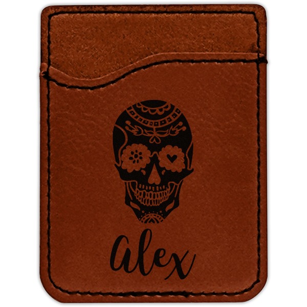 Sugar Skulls & Flowers Cognac Leatherette Phone Wallet close up