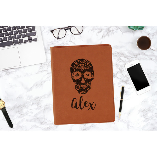 Sugar Skulls & Flowers Cognac Leatherette Portfolios - Lifestyle Image