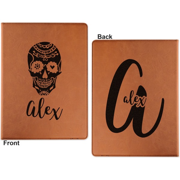 Sugar Skulls & Flowers Cognac Leatherette Portfolios with Notepad - Small - Double Sided- Apvl