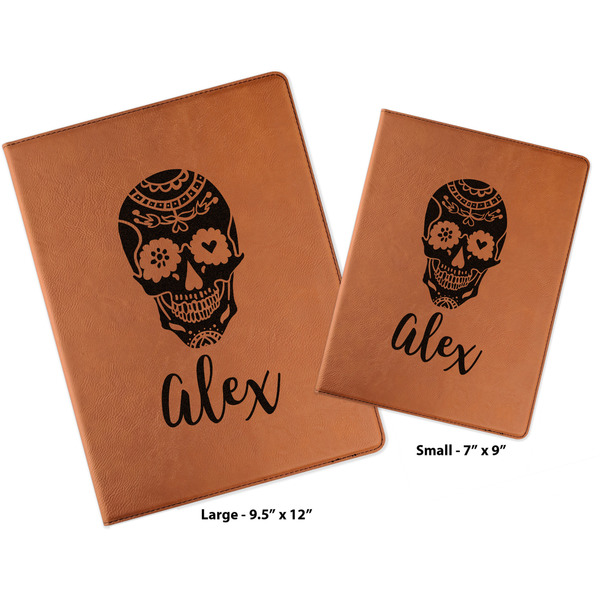 Sugar Skulls & Flowers Cognac Leatherette Portfolios with Notepad - Compare Sizes