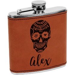 Sugar Skulls & Flowers Leatherette Wrapped Stainless Steel Flask (Personalized)