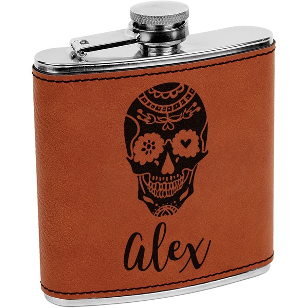 Custom Sugar Skulls & Flowers Leatherette Wrapped Stainless Steel Flask (Personalized)