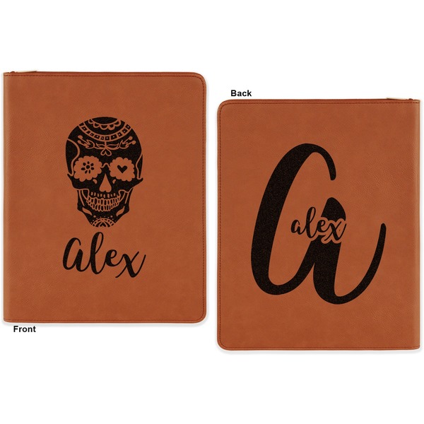 Sugar Skulls & Flowers Cognac Leatherette Zipper Portfolios with Notepad - Double Sided - Apvl