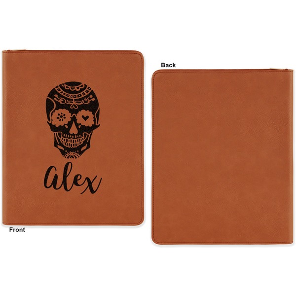 Sugar Skulls & Flowers Cognac Leatherette Zipper Portfolios with Notepad - Single Sided - Apvl