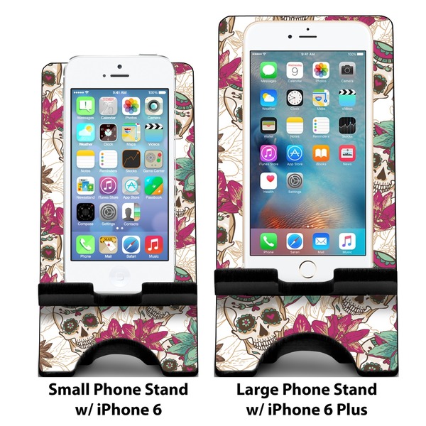Sugar Skulls & Flowers Compare Phone Stand Sizes - with iPhones
