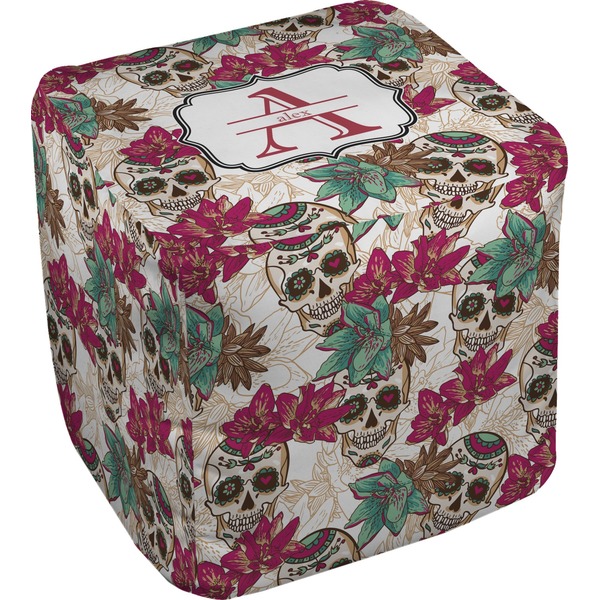 Custom Sugar Skulls & Flowers Cube Pouf Ottoman - 13" (Personalized)