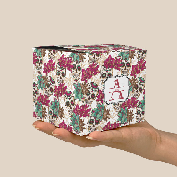 Sugar Skulls & Flowers Cube Favor Gift Box - On Hand - Scale View