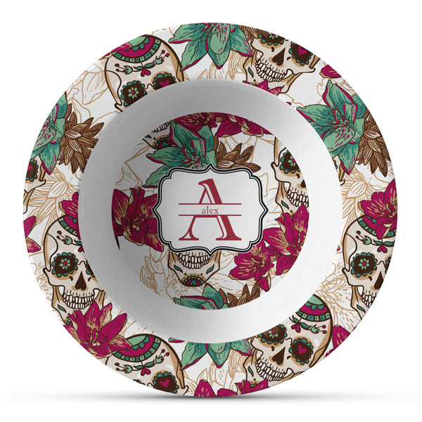 Custom Sugar Skulls & Flowers Plastic Bowl - Microwave Safe - Composite Polymer (Personalized)