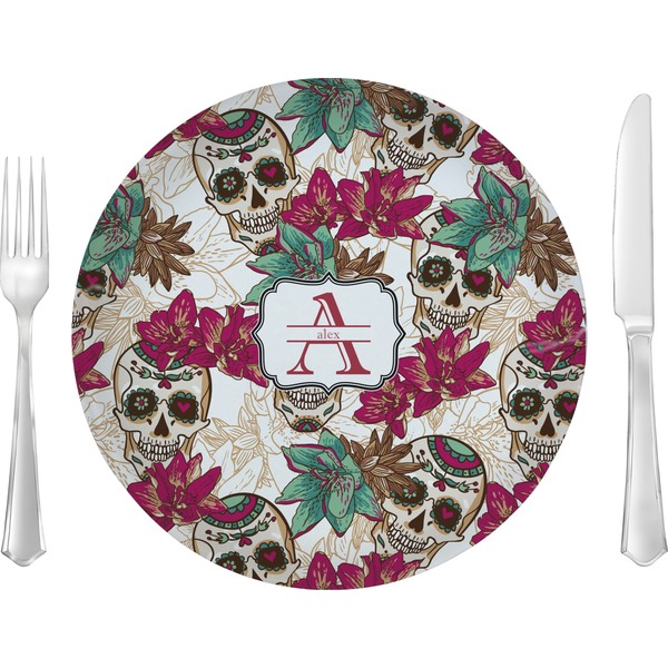 Custom Sugar Skulls & Flowers Glass Lunch / Dinner Plate 10" (Personalized)