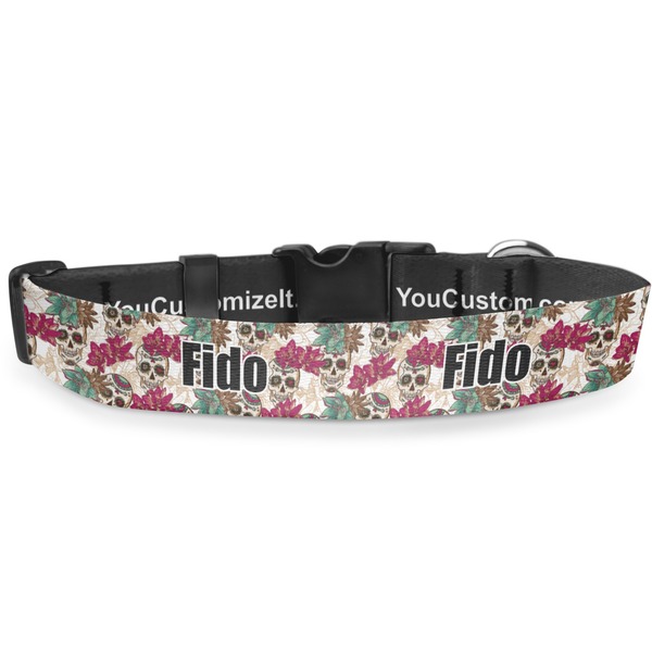 Custom Sugar Skulls & Flowers Deluxe Dog Collar - Small (8.5" to 12.5") (Personalized)