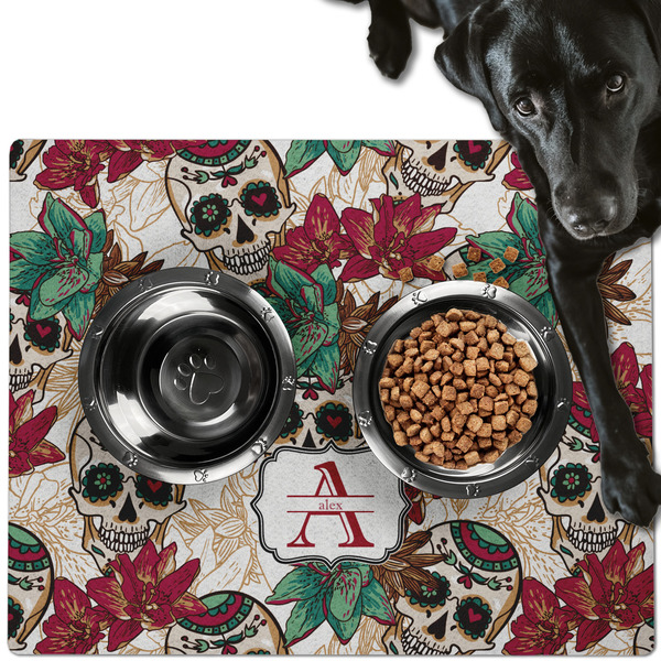 Custom Sugar Skulls & Flowers Dog Food Mat - Large w/ Name and Initial