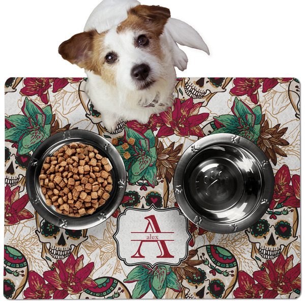 Custom Sugar Skulls & Flowers Dog Food Mat - Medium w/ Name and Initial