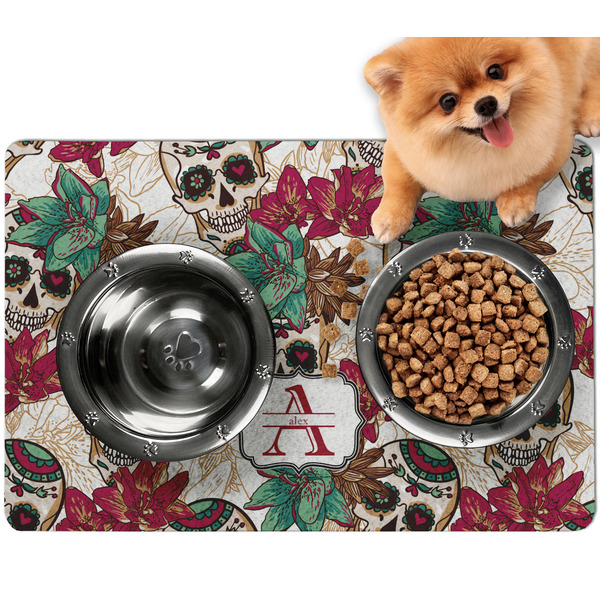 Custom Sugar Skulls & Flowers Dog Food Mat - Small w/ Name and Initial