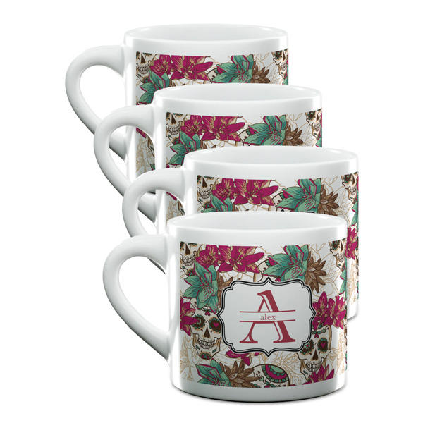 Custom Sugar Skulls & Flowers Double Shot Espresso Cups - Set of 4 (Personalized)