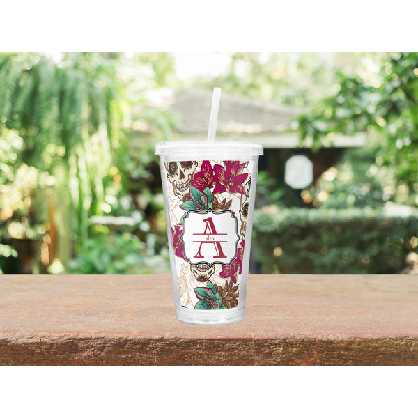 Sugar Skulls & Flowers Double Wall Tumbler with Straw Lifestyle