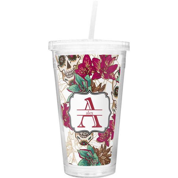 Custom Sugar Skulls & Flowers Double Wall Tumbler with Straw (Personalized)