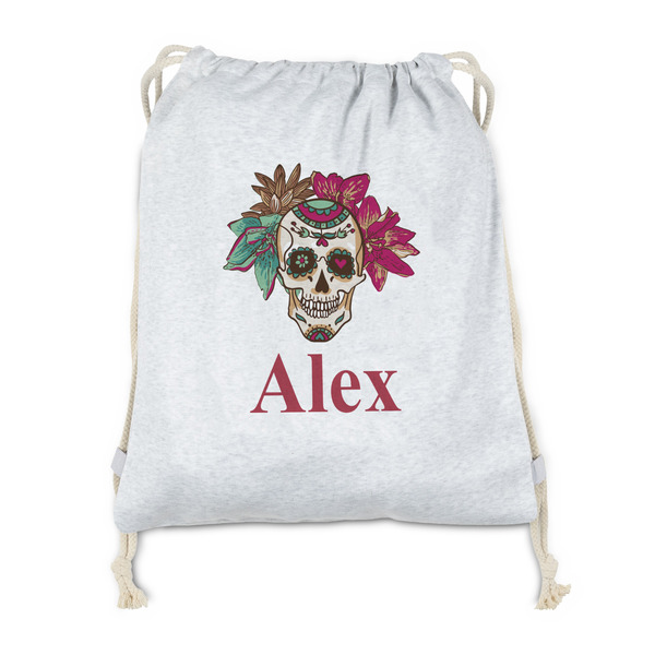 Custom Sugar Skulls & Flowers Drawstring Backpack - Sweatshirt Fleece (Personalized)