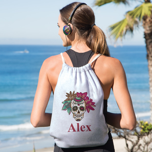 Sugar Skulls & Flowers Drawstring Backpacks - Sweatshirt Fleece - Single Sided - LIFESTYLE