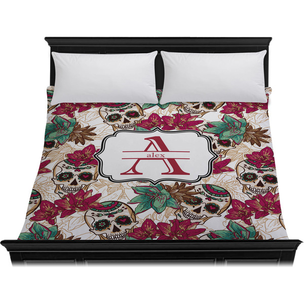 Sugar Skulls & Flowers Duvet Cover - King - On Bed - No Prop