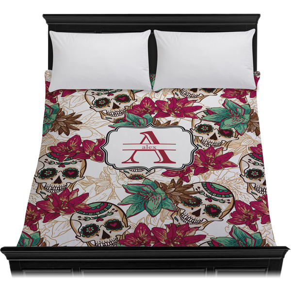 Sugar Skulls & Flowers Duvet Cover - Queen - On Bed - No Prop