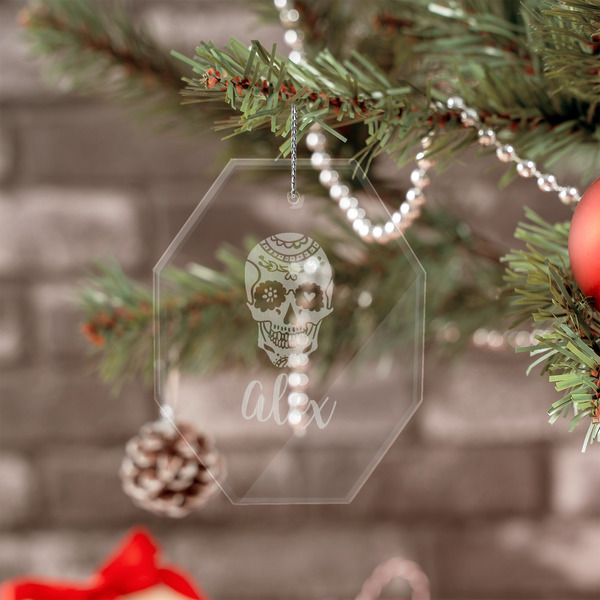 Sugar Skulls & Flowers Engraved Glass Ornaments - Octagon (Lifestyle)