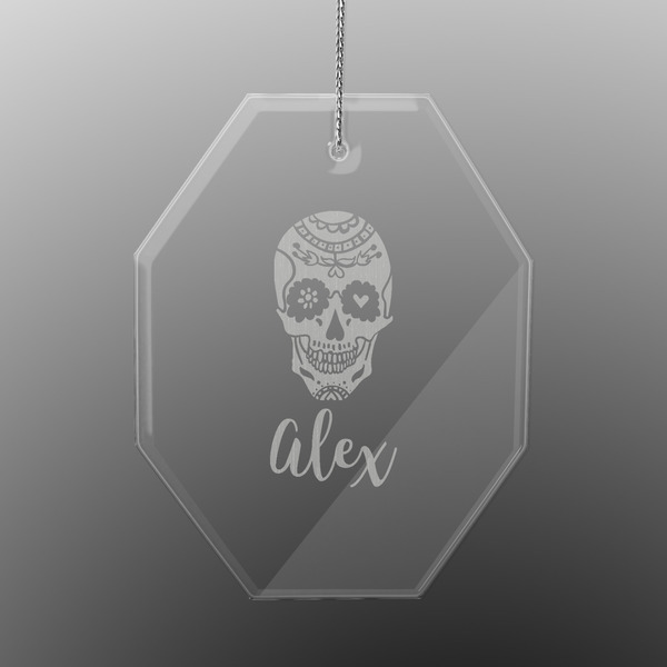 Custom Sugar Skulls & Flowers Engraved Glass Ornament - Octagon (Personalized)