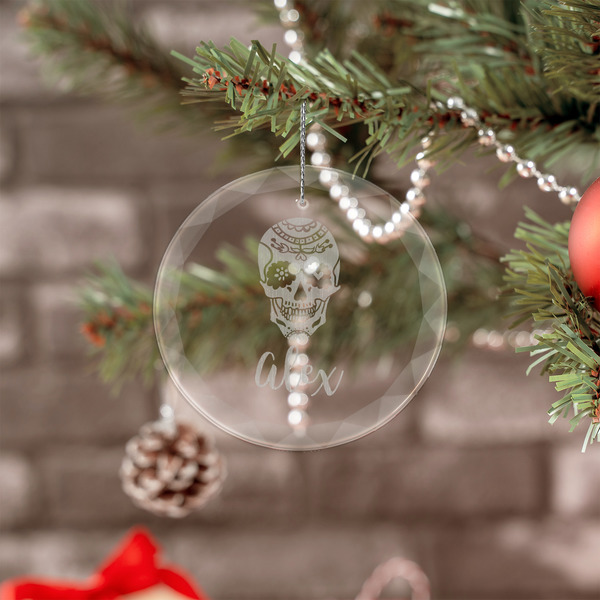 Sugar Skulls & Flowers Engraved Glass Ornaments - Round (Lifestyle)