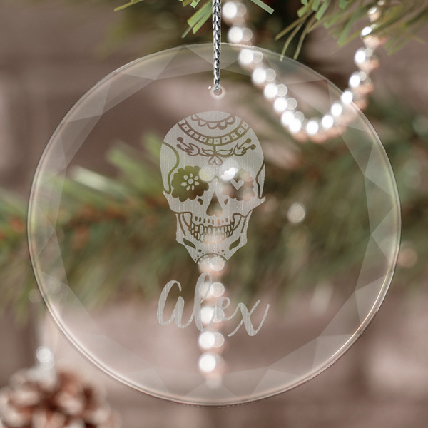 Custom Sugar Skulls & Flowers Engraved Glass Ornament (Personalized)