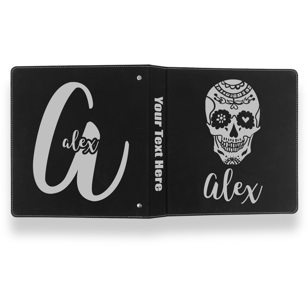 Sugar Skulls & Flowers Leather Binder - 1" - Black- Back Spine Front View