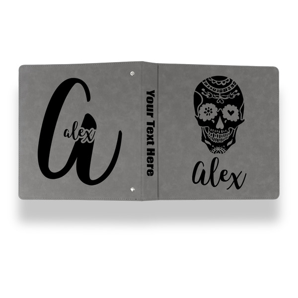 Sugar Skulls & Flowers Leather Binder - 1" - Grey - Back Spine Front View