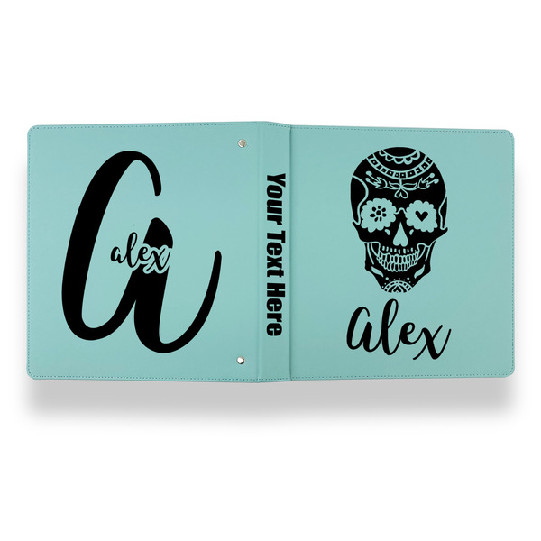 Sugar Skulls & Flowers Leather Binder - 1" - Teal - Back Spine Front View