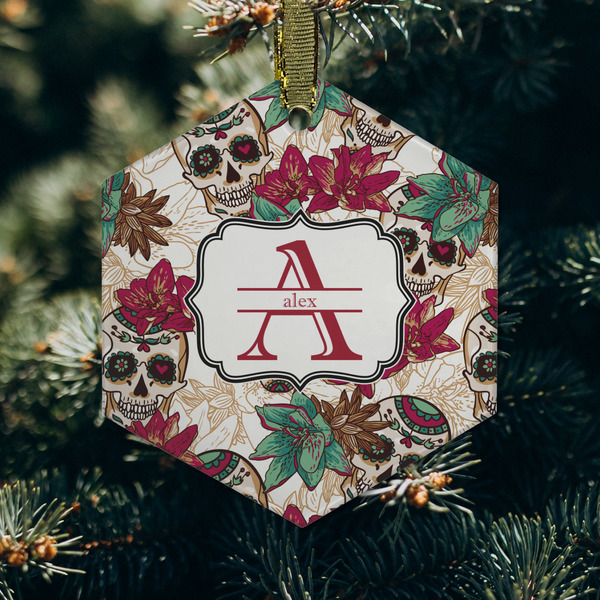 Sugar Skulls & Flowers Frosted Glass Ornament - Hexagon (Lifestyle)