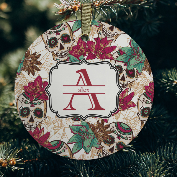 Sugar Skulls & Flowers Frosted Glass Ornament - Round (Lifestyle)
