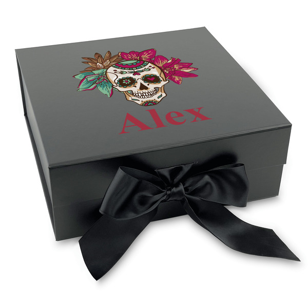 Custom Sugar Skulls & Flowers Gift Box with Magnetic Lid - Black (Personalized)