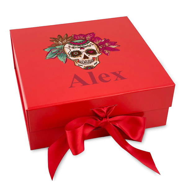 Custom Sugar Skulls & Flowers Gift Box with Magnetic Lid - Red (Personalized)
