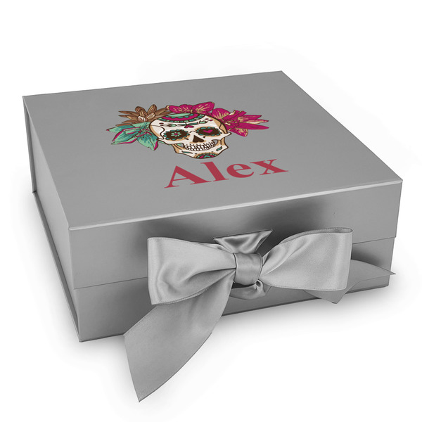Custom Sugar Skulls & Flowers Gift Box with Magnetic Lid - Silver (Personalized)