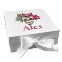 Sugar Skulls & Flowers Gift Box with Magnetic Lid - White (Personalized)