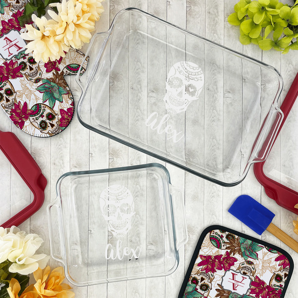 Sugar Skulls & Flowers Glass Baking Dish Set - LIFESTYLE