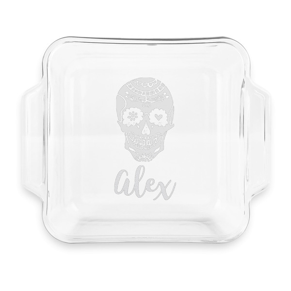 Custom Sugar Skulls & Flowers Glass Cake Dish with Truefit Lid - 8in x 8in (Personalized)