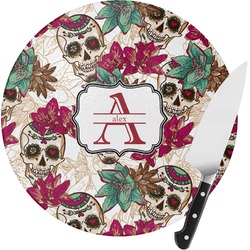 Sugar Skulls & Flowers Round Glass Cutting Board - Medium (Personalized)