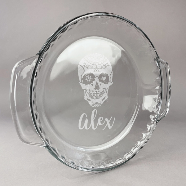 Custom Sugar Skulls & Flowers Glass Pie Dish - 9.5in Round (Personalized)
