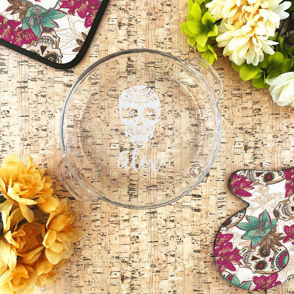 Sugar Skulls & Flowers Glass Pie Dish - LIFESTYLE