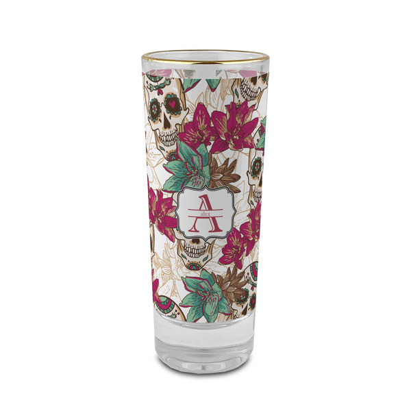 Custom Sugar Skulls & Flowers 2 oz Shot Glass -  Glass with Gold Rim - Single (Personalized)