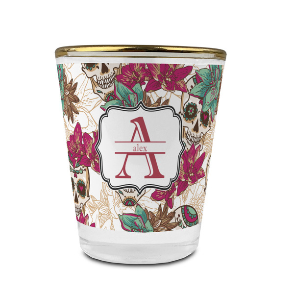 Custom Sugar Skulls & Flowers Glass Shot Glass - 1.5 oz - with Gold Rim - Set of 4 (Personalized)