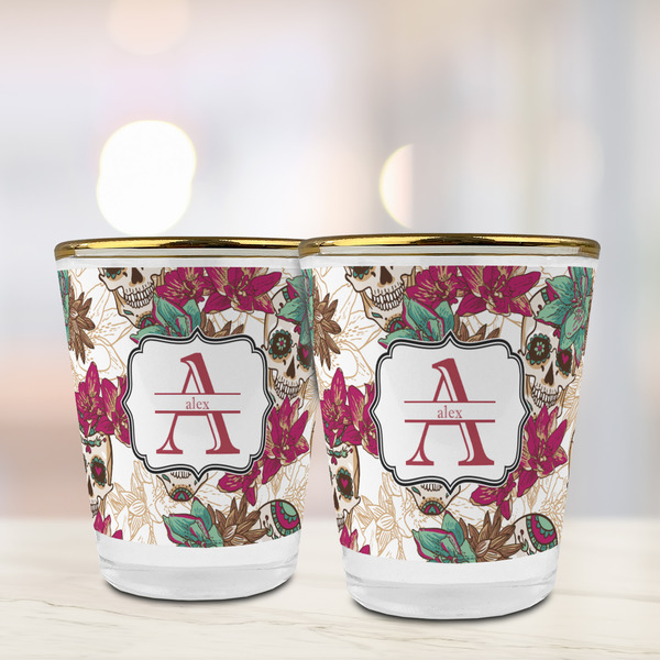 Sugar Skulls & Flowers Glass Shot Glass - with gold rim - LIFESTYLE