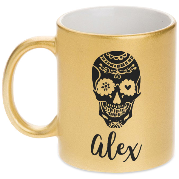 Custom Sugar Skulls & Flowers Metallic Gold Mug (Personalized)
