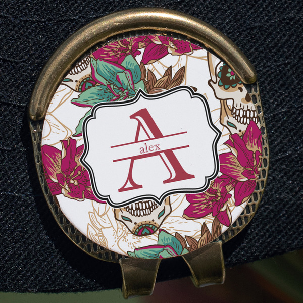 Sugar Skulls & Flowers Golf Ball Marker Hat Clip - Gold - Close Up