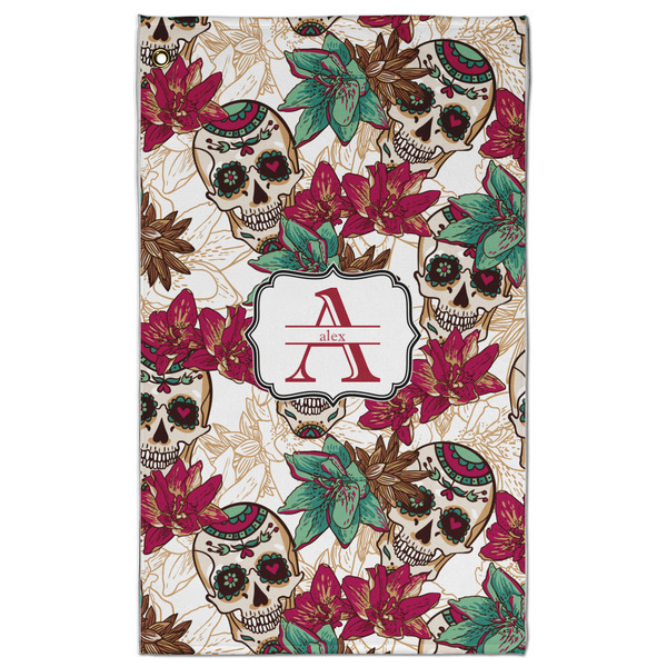 Custom Sugar Skulls & Flowers Golf Towel - Poly-Cotton Blend - Large w/ Name and Initial