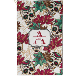 Sugar Skulls & Flowers Golf Towel - Poly-Cotton Blend - Small w/ Name and Initial