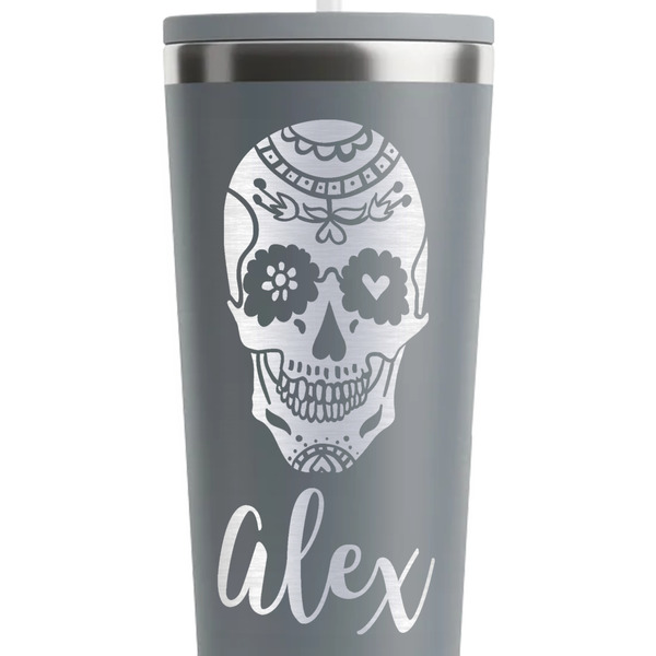 Sugar Skulls & Flowers Grey RTIC Everyday Tumbler - 28 oz. - Close Up